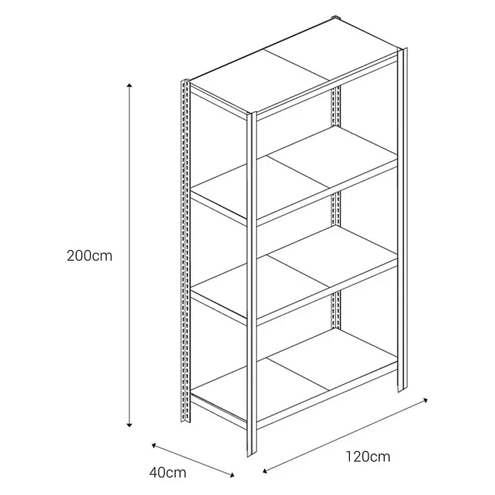 AR Shelving Metallregal T-Profil Grundelement - H x B x T: 200 x 120 x 40 cm, Traglast pro Boden: 250 kg, Anzahl Böden: 4 Stk., Stecken, Blau - Abbildung eines Regals mit vier Ebenen und den Maßen 200cm Höhe, 120cm Breite und 40cm Tiefe.