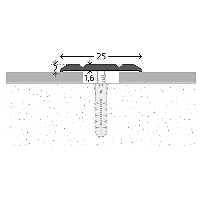 LOGOCLIC Übergangsprofil 133 - Silber, 1 m x 25 mm x 2 mm, Montageart: Schrauben - Illustration einer Bodenprofilschiene mit Maßen und einer Schraube zur Befestigung.