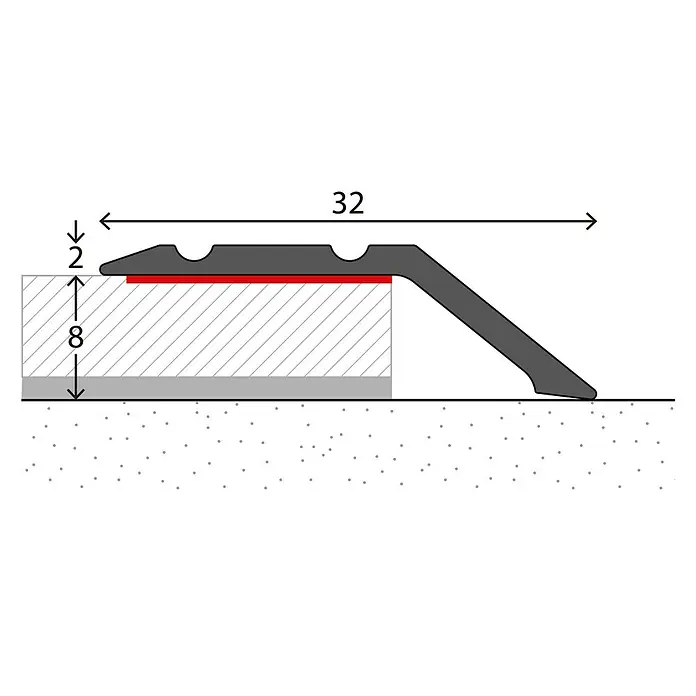 LOGOCLIC Abschlussprofil 146 - Buche, 0,9 m x 32 mm, Montageart: Kleben - Illustration eines Übergangsprofils mit Maßangaben, das eine Stufe zwischen zwei Bodenbelägen ausgleicht.