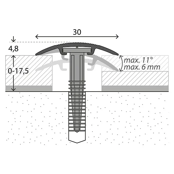 LOGOCLIC Übergangsprofil 201 - Edelstahl matt, 0,9 m x 30 mm, Montageart: Schrauben - Illustration eines Übergangsprofils mit Schraubbefestigung und Maßangaben für Design und Installation.