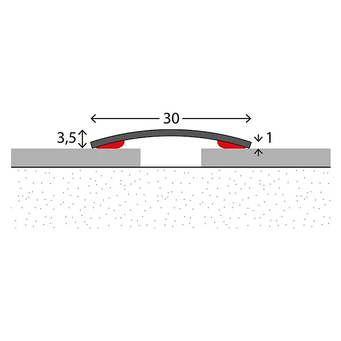 LOGOCLIC Übergangsprofil 110 - Edelstahl glänzend, 0,9 m x 30 mm x 3,5 mm, Montageart: Kleben, Ungelocht - Abbildung eines Übergangsprofils mit den Maßen 30 mm Breite, 3,5 mm Höhe auf der einen und 1 mm Höhe auf der anderen Seite.