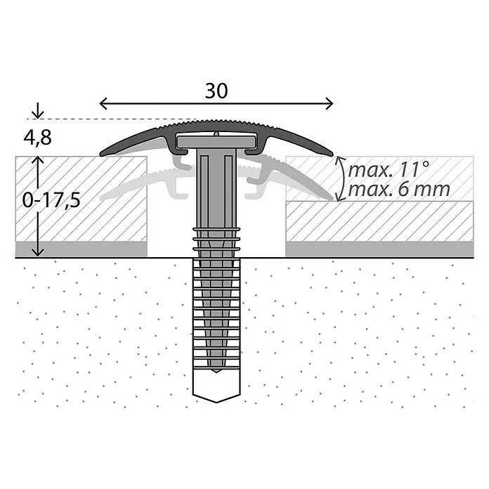 LOGOCLIC Übergangsprofil 201 - Eiche, 0,9 m x 30 mm, Montageart: Schrauben - Technische Zeichnung eines Bodenprofils mit Maßangaben zur Installation und Anpassung.