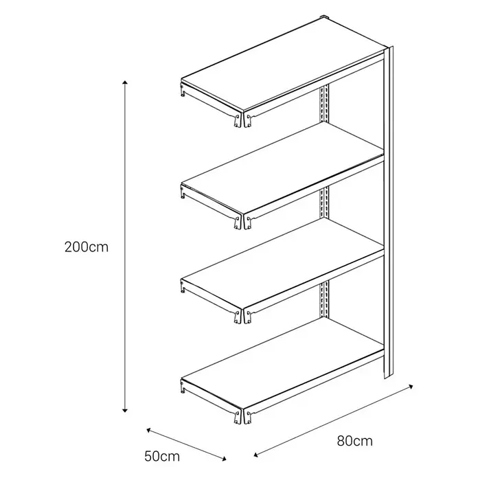 AR Shelving Metallregal T-Profil Anbauelement - H x B x T: 200 x 80 x 50 cm, Traglast pro Boden: 250 kg, Anzahl Böden: 4 Stk., Stecken, Blau - Abbildung eines Ladenregals mit drei Ebenen und den Maßen 200 cm Höhe, 50 cm Tiefe und 80 cm Breite.
