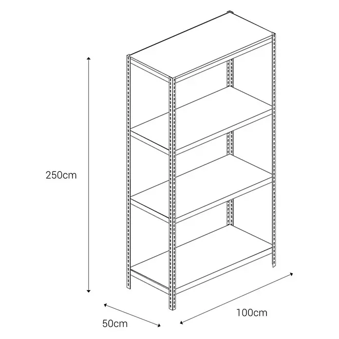 AR Shelving Metallregal - H x B x T: 250 x 100 x 50 cm, Traglast pro Boden: 180 kg, Anzahl Böden: 4 Stk., Stecken, Blau - Abbildung eines Regalsystems mit vier Ebenen und den Maßen 250cm Höhe, 50cm Tiefe und 100cm Breite.