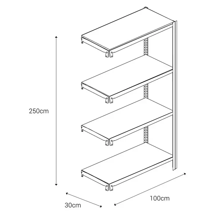 AR Shelving Metallregal T-Profil Anbauelement - H x B x T: 250 x 100 x 30 cm, Traglast pro Boden: 250 kg, Anzahl Böden: 4 Stk., Stecken, Blau - Eine perspektivische Darstellung eines Regalrahmens mit vier Regalböden und Maßangaben.