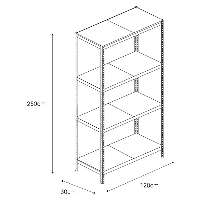 AR Shelving Metallregal - H x B x T: 250 x 120 x 30 cm, Traglast pro Boden: 180 kg, Anzahl Böden: 4 Stk., Stecken, Blau - Schemazeichnung eines Regals mit 4 Regalböden und den Maßen 250x120x30 cm.