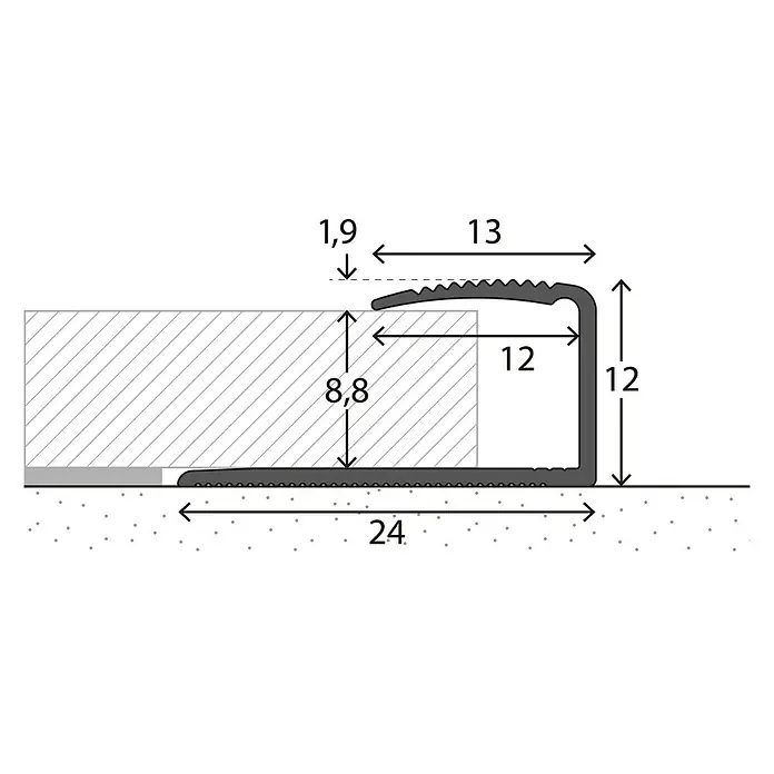 LOGOCLIC Endprofil 250 - Edelstahl matt, 2,7 m x 24 mm x 12 mm, Montageart: Kleben - Detailaufnahme eines Treppenkantenprofils mit Maßangaben. Das Profil ist für eine Stufenhöhe von 8,8 mm ausgelegt und bietet Rutschfestigkeit.