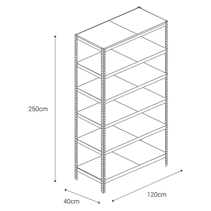 AR Shelving Metallregal - H x B x T: 250 x 120 x 40 cm, Traglast pro Boden: 180 kg, Anzahl Böden: 6 Stk., Stecken, Blau - Abbildung eines Regals mit 5 Böden und den Maßen 250cm Höhe, 120cm Breite und 40cm Tiefe.