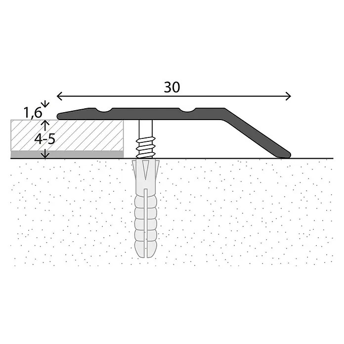 LOGOCLIC Abschlussprofil 145 - Sahara, 2,7 m x 30 mm, Montageart: Schrauben - Abbildung eines Übergangsprofils mit Schraube und Dübel zur sicheren Befestigung auf verschiedenen Untergründen.