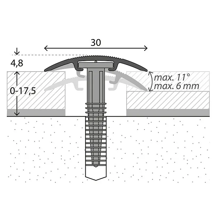 LOGOCLIC Übergangsprofil 201 - Silber, 2,7 m x 30 mm, Montageart: Schrauben - Technische Zeichnung eines Übergangsprofils mit Maßen, das zwischen zwei Bodenbelägen installiert wird.