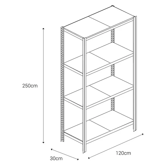 AR Shelving Metallregal T-Profil Grundelement - H x B x T: 250 x 120 x 30 cm, Traglast pro Boden: 250 kg, Anzahl Böden: 4 Stk., Stecken, Blau - Abbildung eines Regals mit den Maßen 250x120x30 cm zur Illustration der Produktabmessungen.