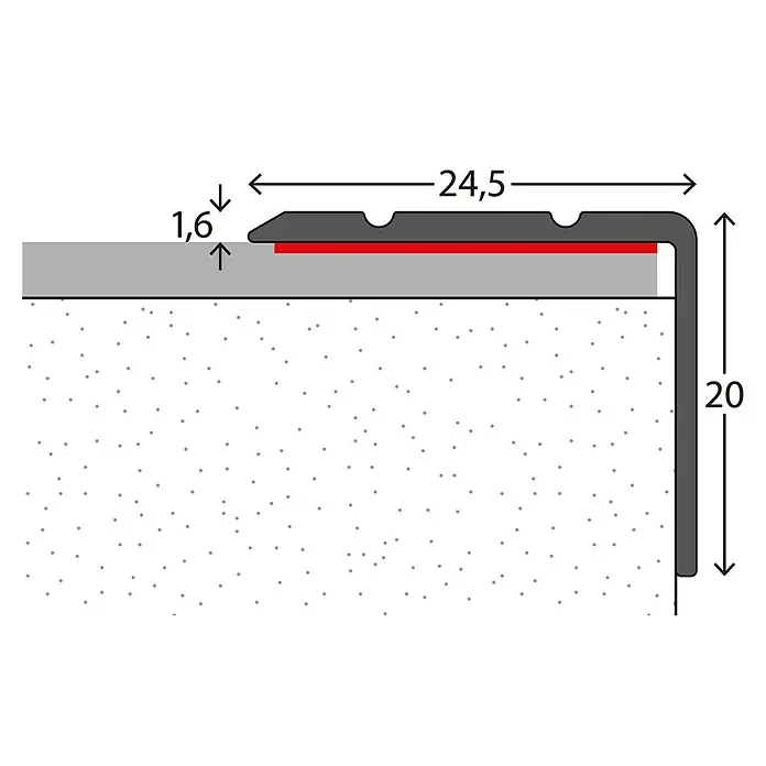 LOGOCLIC Winkelprofil 162 - Silber, 2,7 m x 24,5 mm x 20 mm, Montageart: Kleben - Abbildung eines Übergangsprofils mit den Maßen 24,5 mm Breite und 20 mm Höhe, ideal zum Ausgleich von Bodenhöhenunterschieden.