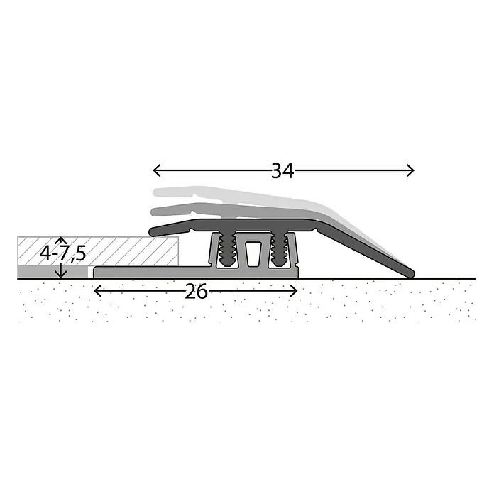 LOGOCLIC Anpassprofil 323 - Silber, 2,7 m x 34 mm, Montageart: Stecken - Skizze eines Übergangsprofils mit Größenangaben, ideal für den barrierefreien Übergang zwischen Bodenbelägen.