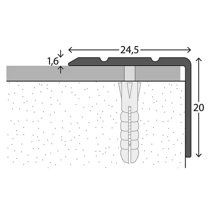 LOGOCLIC Winkelprofil 162 - Edelstahl matt, 2,7 m x 24,5 mm x 20 mm, Montageart: Schrauben - Eine schematische Zeichnung eines schwarzen Kantenprofils, das mit Dübeln an einer grauen Oberfläche befestigt ist. Maßangaben sind eingefügt.