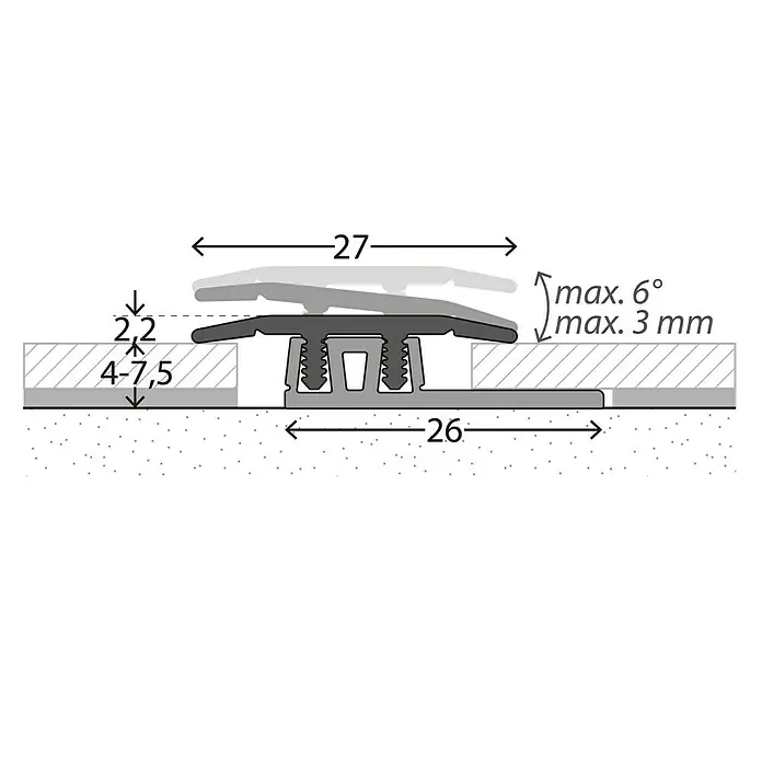 LOGOCLIC Übergangsprofil 322 - Silber, 0,9 m x 27 mm, Montageart: Stecken - Schemazeichnung eines Übergangsprofils mit Größenangaben. Das Profil gleicht Höhenunterschiede bis max. 3 mm aus.
