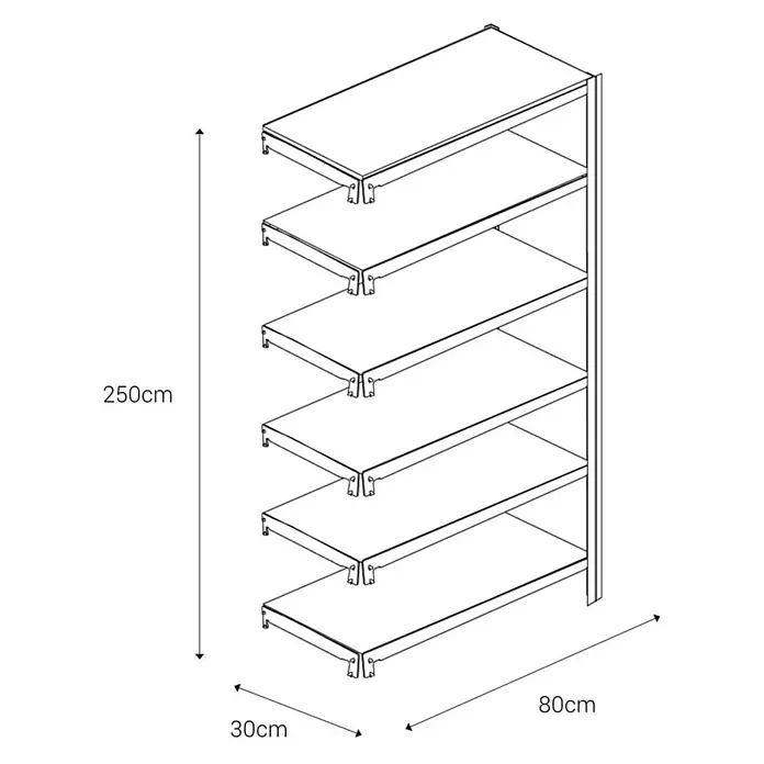 AR Shelving Metallregal T-Profil Anbauelement - H x B x T: 250 x 80 x 30 cm, Traglast pro Boden: 250 kg, Anzahl Böden: 6 Stk., Stecken, Blau - Regal mit fünf Böden, dargestellt in einer technischen Zeichnung mit Maßangaben. Praktische Aufbewahrungslösung.