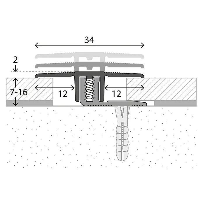 LOGOCLIC Übergangsprofil 220 - Edelstahl matt, 2,7 m x 34 mm, Montageart: Schrauben - Detailansicht eines Übergangsprofils mit Schraubbefestigung, inklusive Maßangaben für Konstruktionsdetails.