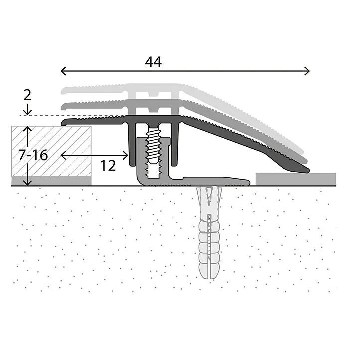 LOGOCLIC Anpassprofil 221Silber, 2,7 m x 44 mm, Montageart: Schrauben - Illustration eines Übergangsprofils mit den Maßen 44 mm Breite, 2 mm Höhe und 12 mm Tiefe.