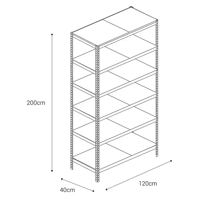 AR Shelving Metallregal - H x B x T: 200 x 120 x 40 cm, Traglast pro Boden: 180 kg, Anzahl Böden: 6 Stk., Stecken, Blau - Abbildung eines Regals mit fünf Ebenen, 200cm hoch, 120cm breit und 40cm tief.