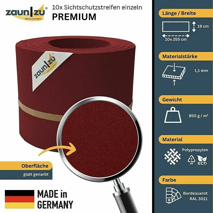 zaun|zu Sichtschutzstreifen Premium - 25,5 m x 19 cm, Bordeauxrot - Produktbild: 10x Sichtschutzstreifen Premium, bordeauxrot, glatt genarbt, aus Polypropylen, Maße 19cm x 255cm, Materialstärke 1,1mm, Gewicht 850 g/m².