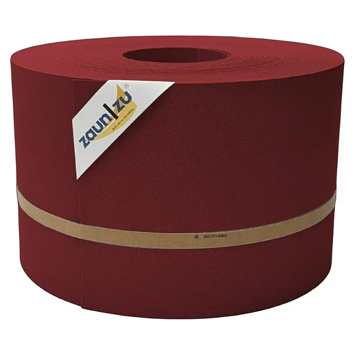 zaun|zu Sichtschutzstreifen Premium - 50 m x 19 cm, Bordeauxrot - Rote Zaunfolie auf einer Rolle mit Papierband, die die Marke und die Recyclingfähigkeit des Produkts hervorhebt.