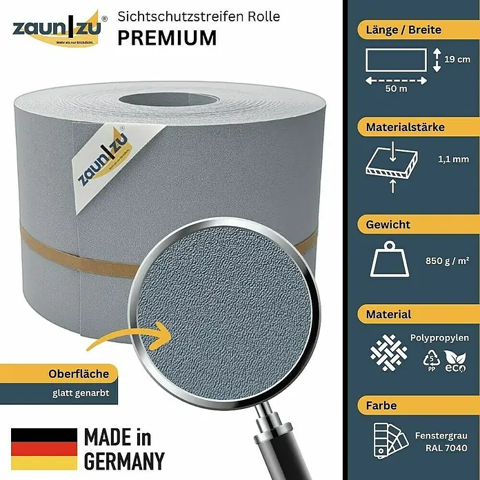zaun|zu Sichtschutzstreifen Premium - 50 m x 19 cm, Fenstergrau - Bild einer Rolle Zaunfolie Premium in Fenstergrau RAL 7040, 50 m lang, 19 cm breit und 1,1 mm stark aus Polypropylen.
