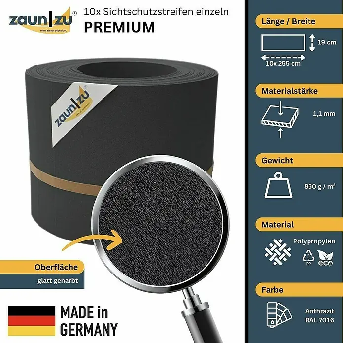 zaun|zu Sichtschutzstreifen Premium - 25,5 m x 19 cm, Anthrazit - Zaunstreifen Premium Anthrazit RAL 7016 aus Polypropylen. Sichtschutzstreifen für Zäune, glatt genarbt, 19 cm breit und 255 cm lang.