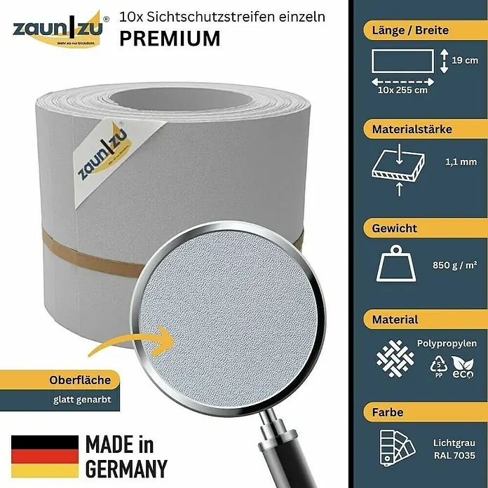 zaun|zu Sichtschutzstreifen Premium - 25,5 m x 19 cm, Lichtgrau - Bild einer Rolle Zaunfolie "Premium" in Hellgrau, ideal als Sichtschutz für Zäune. Hergestellt in Deutschland.