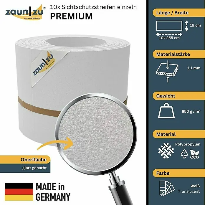zaun|zu Sichtschutzstreifen Premium - 25,5 m x 19 cm, Weiß - Produktbild von 10 Sichtschutzstreifen Premium einzeln von Zaun/Zu. Die Streifen sind weiß und aus Polypropylen.