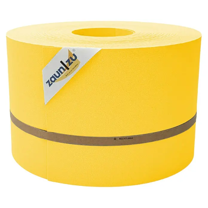 zaun|zu Sichtschutzstreifen Premium - 50 m x 19 cm, Gelb - Gelbe Zaunfolie Rolle mit Papierbanderole und Aufkleber. Die Zaunfolie bietet Sichtschutz und ist recycelbar.