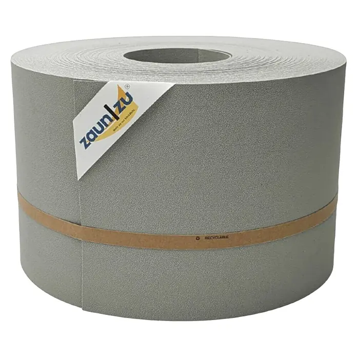 zaun|zu Sichtschutzstreifen Premium - 50 m x 19 cm, Steingrau - Graue Zaunblende auf Rolle mit Papierband und Etikett der Marke Zaun/zu, ideal zum Sichtschutz.