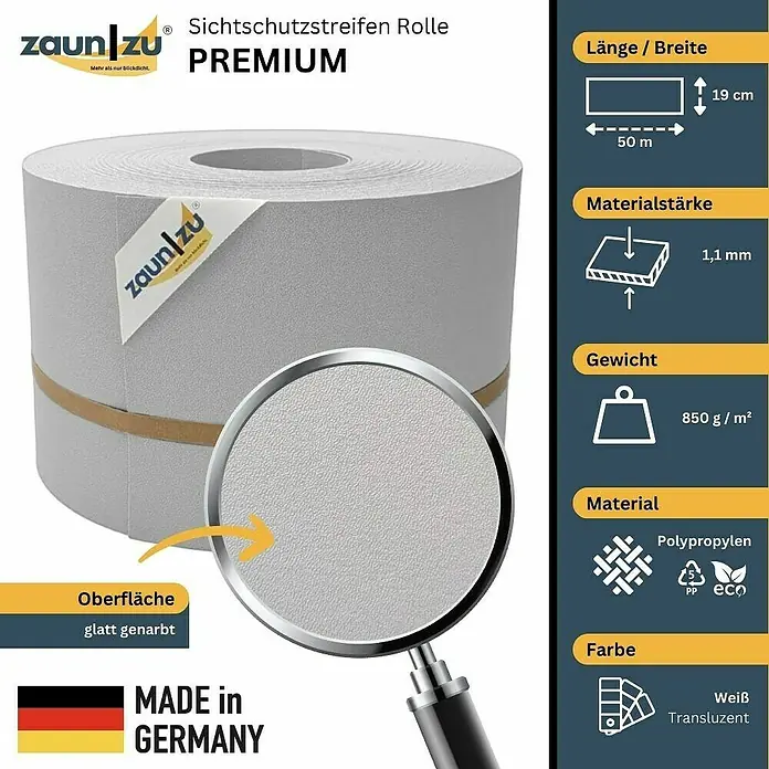zaun|zu Sichtschutzstreifen Premium - 50 m x 19 cm, Weiß - Produktbild einer Sichtschutzstreifen Rolle Premium von ZaunZu. Die Rolle ist aus Polypropylen, weiß transluzent und hat eine glatt genarbte Oberfläche.