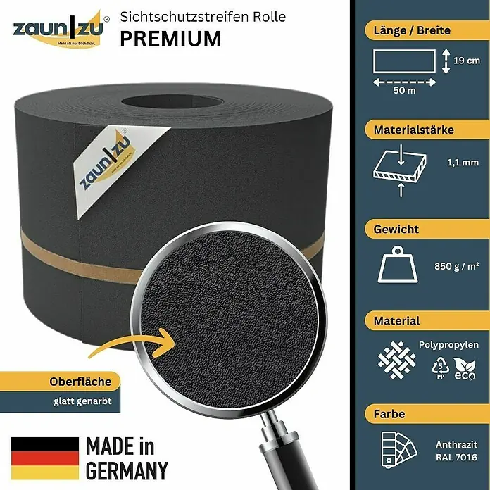 zaun|zu Sichtschutzstreifen Premium - 50 m x 19 cm, Anthrazit - Sichtschutzstreifen Rolle Premium von ZaunZu, anthrazit, 19 cm breit, 50 m lang, aus Polypropylen, mit glatt genarbter Oberfläche.