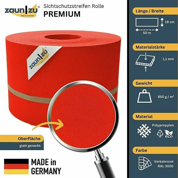 zaun|zu Sichtschutzstreifen Premium - 50 m x 19 cm, Rot - Zaun-Sichtschutzstreifen Rolle Premium in Verkehrsrot (RAL 3020). Aus Polypropylen, 50 m lang, 19 cm breit und glatt genarbt.