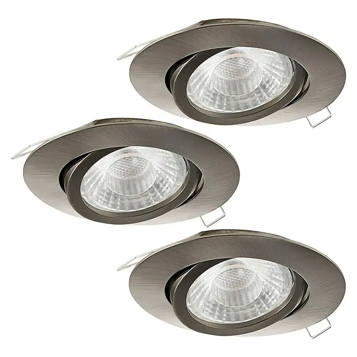 Eglo LED-Einbauleuchten-Set rund Tedo - 15 W, Ø x H: 8 x 11,5 cm, Nickel matt, 3 Stk., Warmweiß - Diese Aufnahme zeigt eine Nahansicht von drei Deckenspots mit gebürstetem Nickel-Finish. Sie bieten eine moderne Beleuchtungslösung.