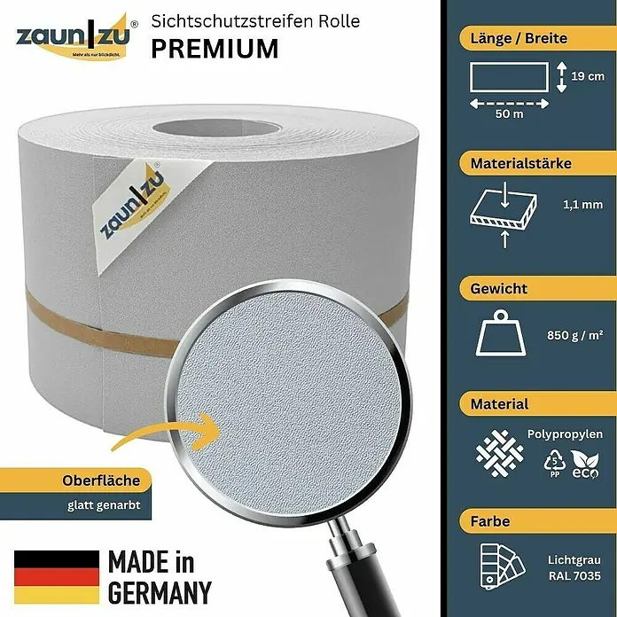 zaun|zu Sichtschutzstreifen Premium - 50 m x 19 cm, Lichtgrau - Produktbild einer Zaun|Zu Sichtschutzstreifen Rolle Premium in Hellgrau. Die Rolle ist 50 m lang und 19 cm breit.