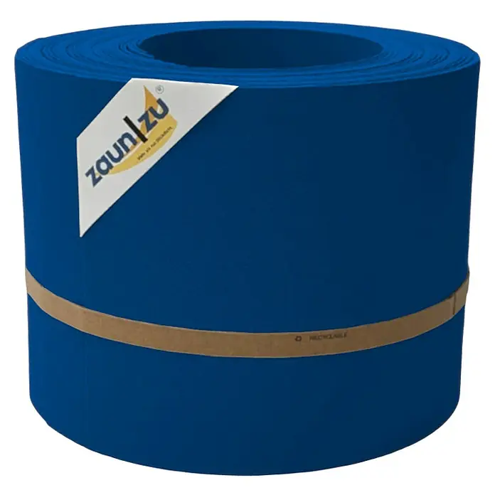 zaun|zu Sichtschutzstreifen Premium - 25,5 m x 19 cm, Blau - Eine Rolle Zaunfolie in leuchtendem Blau, sicher verpackt und bereit für den Einsatz, um Privatsphäre und Schutz zu bieten.