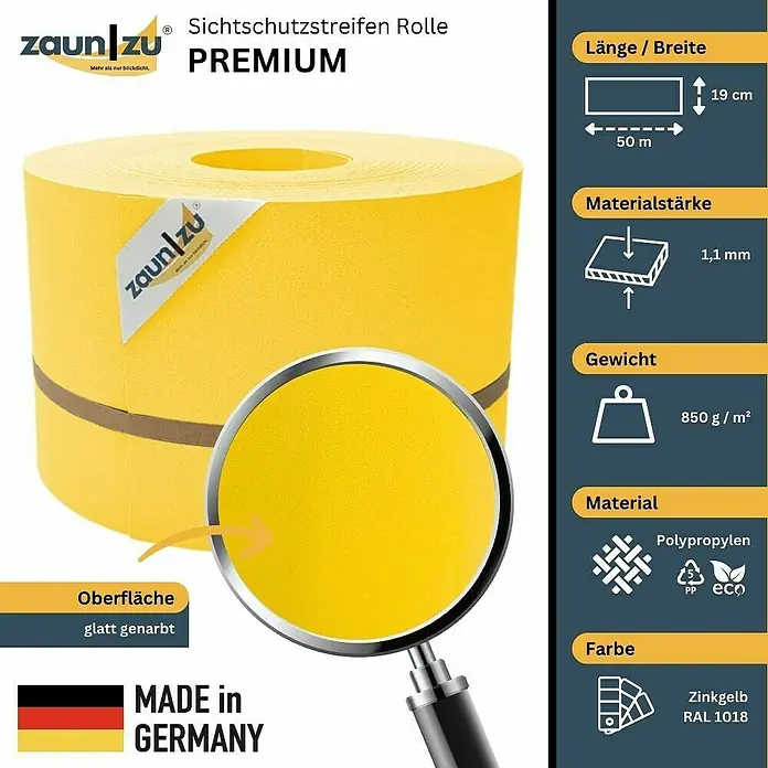 zaun|zu Sichtschutzstreifen Premium - 50 m x 19 cm, Gelb - Das Bild zeigt eine Rolle Zaunstreifen Premium in Zinkgelb (RAL 1018), aus Polypropylen, mit einer Länge von 50m und einer Breite von 19cm.