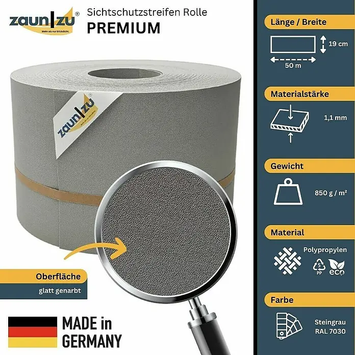 zaun|zu Sichtschutzstreifen Premium - 50 m x 19 cm, Steingrau - Zaun zu Premium Sichtschutzstreifen Rolle mit den Maßen 50 m x 19 cm, Materialstärke 1,1 mm, Gewicht 850 g/m², Polypropylen, Farbe Steingrau RAL 7030.