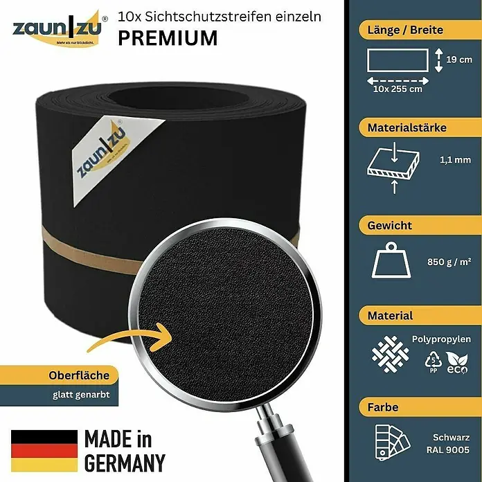 zaun|zu Sichtschutzstreifen Premium - 25,5 m x 19 cm, Tiefschwarz - Produktbild von 10x Zaun zu Sichtschutzstreifen Premium. Die Streifen sind schwarz, glatt genarbt und aus Polypropylen.