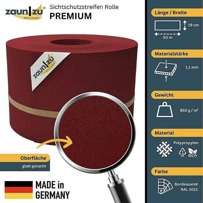 zaun|zu Sichtschutzstreifen Premium - 50 m x 19 cm, Bordeauxrot - Produktabbildung Zaun-Zubehör Sichtschutzstreifen Rolle Premium in Bordeauxrot: 50 m Länge, 19 cm Breite, 1,1 mm Materialstärke, 850 g/m², Polypropylen, Made in Germany.