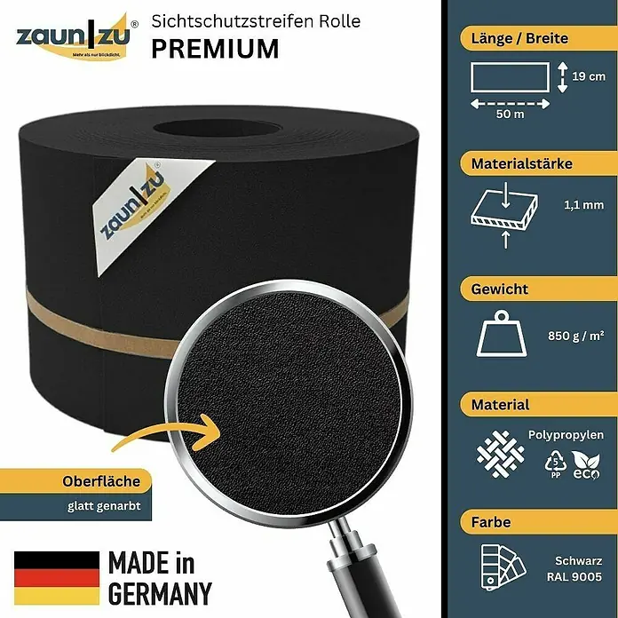 zaun|zu Sichtschutzstreifen Premium - 50 m x 19 cm, Tiefschwarz - Zaunstreifen Rolle Premium, Sichtschutz für den Garten. Die Rolle ist 50 m lang und 19 cm breit und hat eine Materialstärke von 1,1 mm.