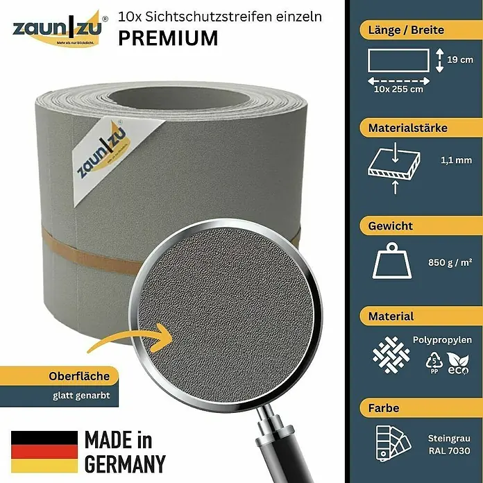 zaun|zu Sichtschutzstreifen Premium - 25,5 m x 19 cm, Steingrau - Produktbild: 10 Sichtschutzstreifen Premium aus Polypropylen in Steingrau (RAL 7030), glatt genarbt, für Zaun, Made in Germany.