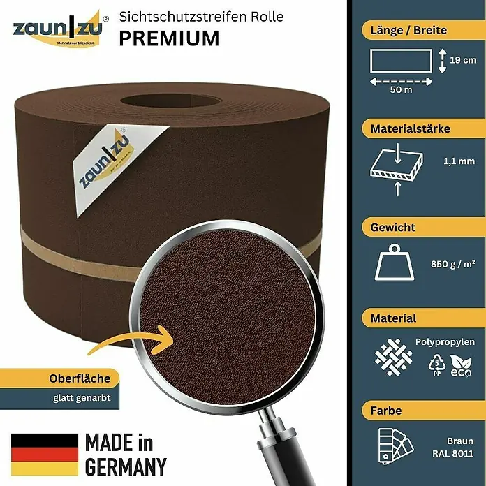 zaun|zu Sichtschutzstreifen Premium - 50 m x 19 cm, Braun - Zaun-Sichtschutzstreifen Rolle Premium aus Polypropylen in Braun (RAL 8011), 50 m Länge, 19 cm Breite, 1,1 mm Stärke und glatter Oberfläche.