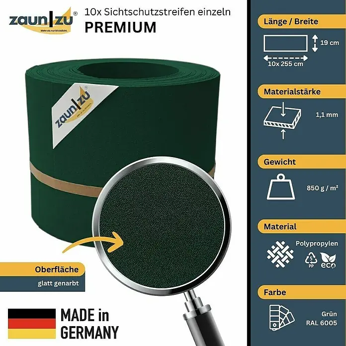 zaun|zu Sichtschutzstreifen Premium - 25,5 m x 19 cm, Grün - Zaunstreifen Premium, 10er Set. Sichtschutzstreifen aus Polypropylen, glatt genarbt, 19 cm breit, 255 cm lang, 1,1 mm stark, Farbe Grün (RAL 6005).