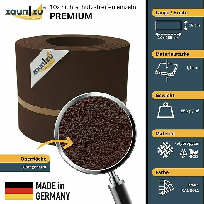 zaun|zu Sichtschutzstreifen Premium - 25,5 m x 19 cm, Braun - Produktbild: 10 Sichtschutzstreifen "ZaunZu Premium" in Braun (RAL 8011), Material Polypropylen, Maße 19 cm x 255 cm, Gewicht 850 g/m², Materialstärke 1,1 mm.