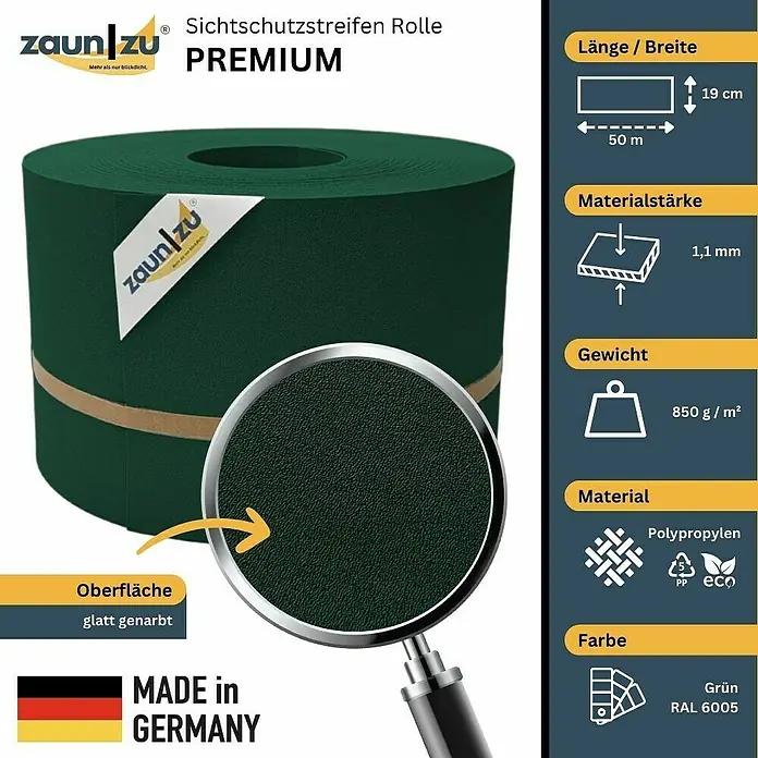 zaun|zu Sichtschutzstreifen Premium - 50 m x 19 cm, Grün - Produktbild der Zaun-zu Premium Sichtschutzstreifen Rolle. Die Rolle ist aus Polypropylen, grün (RAL 6005), 50 m lang und 19 cm breit.