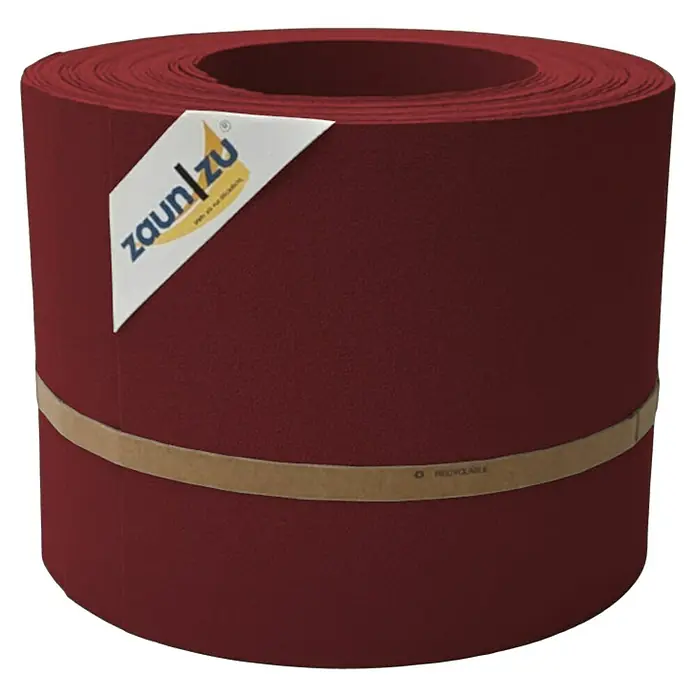 zaun|zu Sichtschutzstreifen Premium - 25,5 m x 19 cm, Bordeauxrot - Nahaufnahme einer Rolle Zaunfolie in Burgunderrot mit Papierband und Etikett.