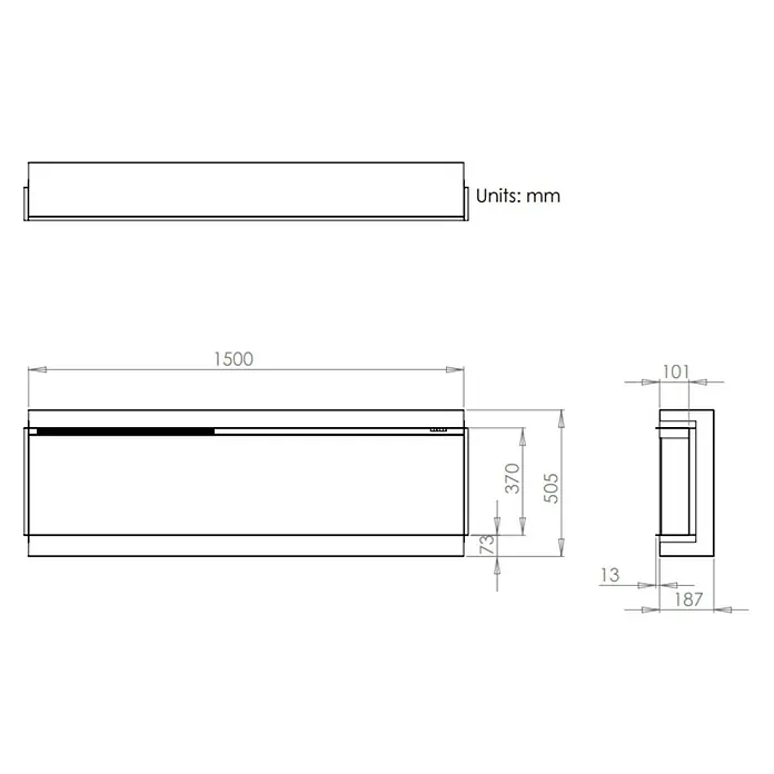 Charlton & Jenrick Chimenea eléctrica i1500E Slim - Negro, 1.500 W, 18,7 x 150 x 50,5 cm - Dibujo técnico de un mueble de baño con dimensiones. Ideal para la planificación y el diseño.