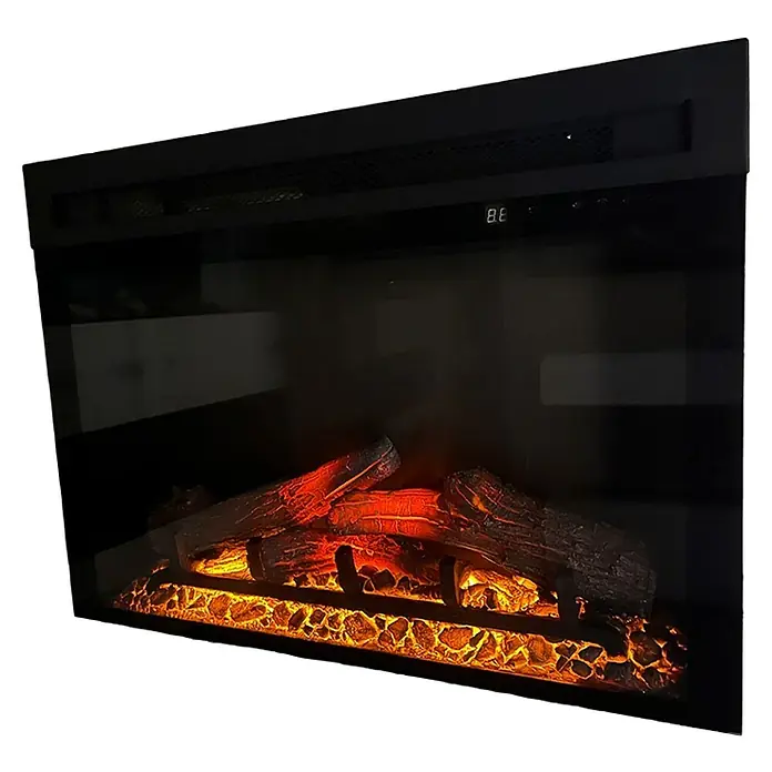 Nora Flames Chimenea eléctrica Popules 70 - Negro, 1.500 W, 18,9 x 72,2 x 51,7 cm - Primer plano de un inserto de chimenea eléctrica con troncos simulados y efecto de llama para un ambiente acogedor.